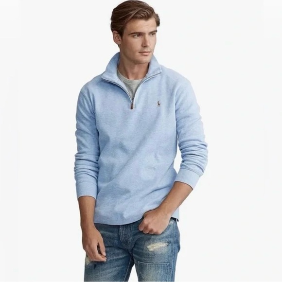 POLO Ralph Lauren Men’s Stand Collar Sweatshirt size L Blue 100% Cotton 1/4 Zip - Picture 1 of 14